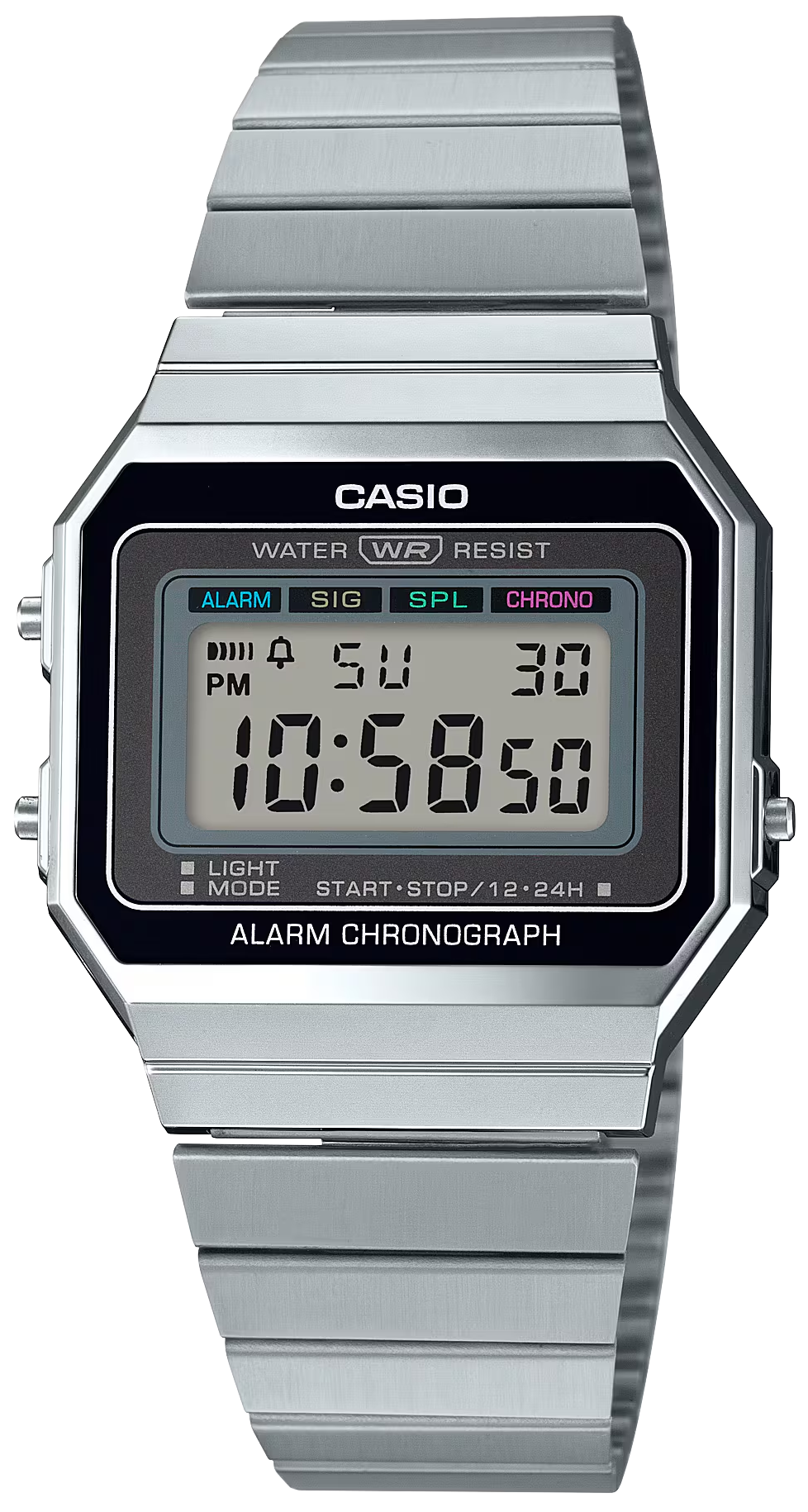 Casio-klocka med silverfärgat metallarmband, svart LCD-skärm och digital display