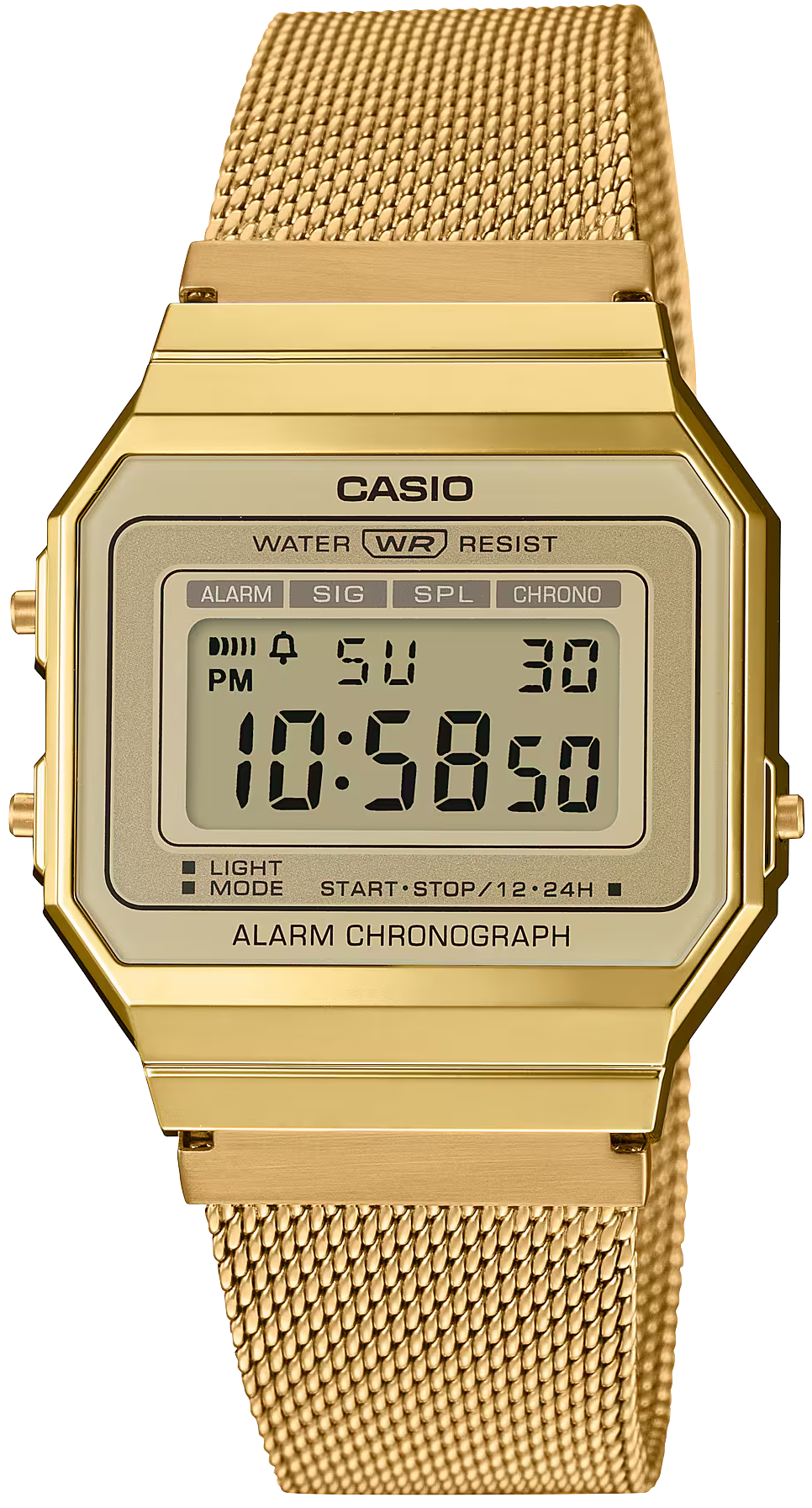 Guldpläterad damklocka med meshband i rostfritt stål och åttkantig digital display, Casio