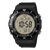 Schwarze Casio Armbanduhr mit großem Digitaldisplay, Lünette mit Markierungen und Kunststoffband