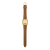 Armbanduhr mit braunem Echtlederband und goldener Schließe, kleines beiges Zifferblatt