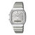 Casio-Armbanduhr frontansicht mit silbernem Metallband und Digitalanzeige im Zifferblatt