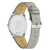 Damarmbandur med grått läderarmband, silverfärgat hölje och synligt spänne.