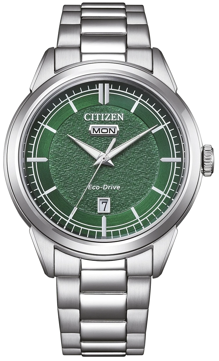 Citizen Eco-Drive herrur med grön urtavla, silverfärgat metallarmband och visare.
