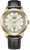 Herrklocka med guldfärgad infattning, svart läderarmband och beige urtavla