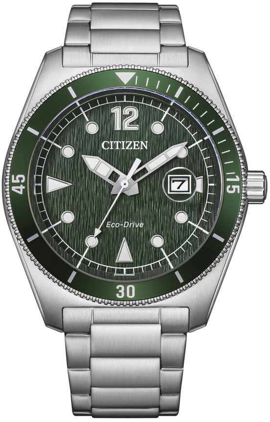 Herrklocka med grön urtavla, CITIZEN-logotyp, armband i silverfärgad metall