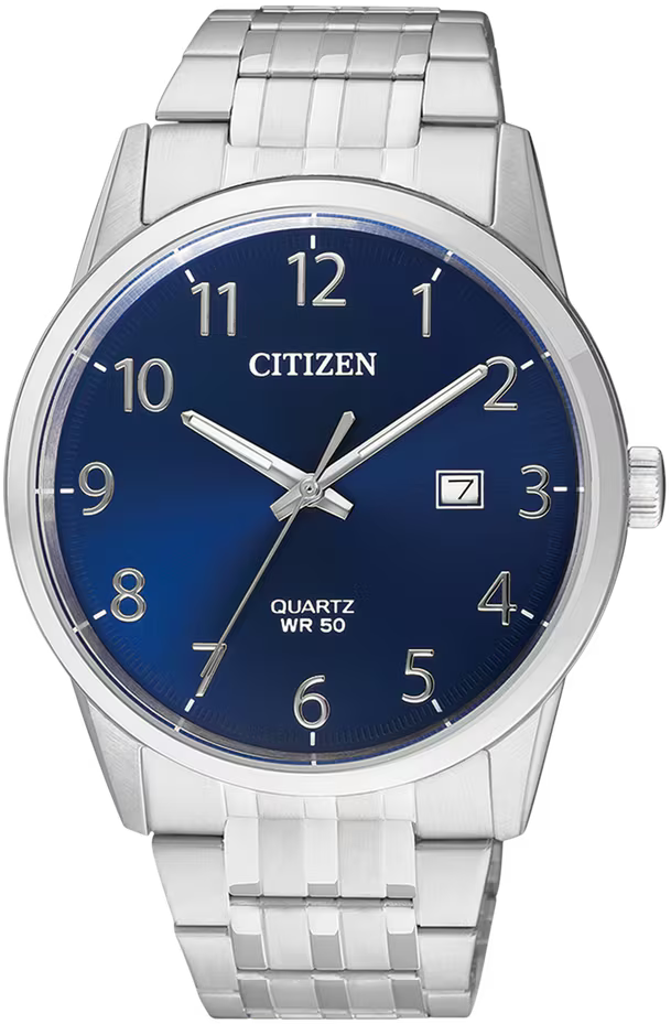 Citizen Herrenuhr mit blauem Zifferblatt, Quarzwerk, silbernem Edelstahlarmband