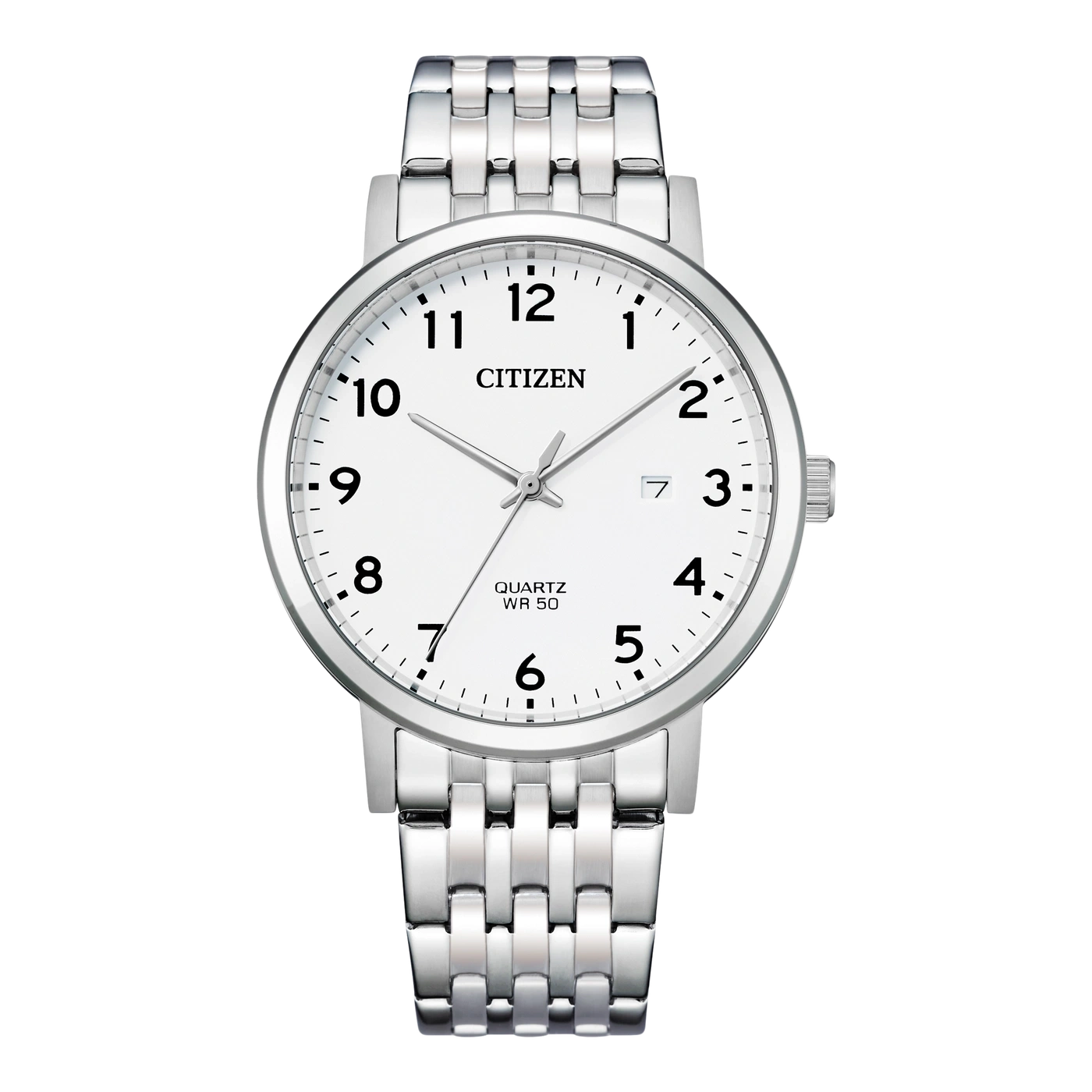 Citizen Herrenuhr mit weißem Zifferblatt, Edelstahlarmband und Datumsanzeige bei 3