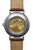 Rückseite Herrenarmbanduhr mit sichtbarem Automatikwerk, goldfarbenem Innenleben und braunem Lederband