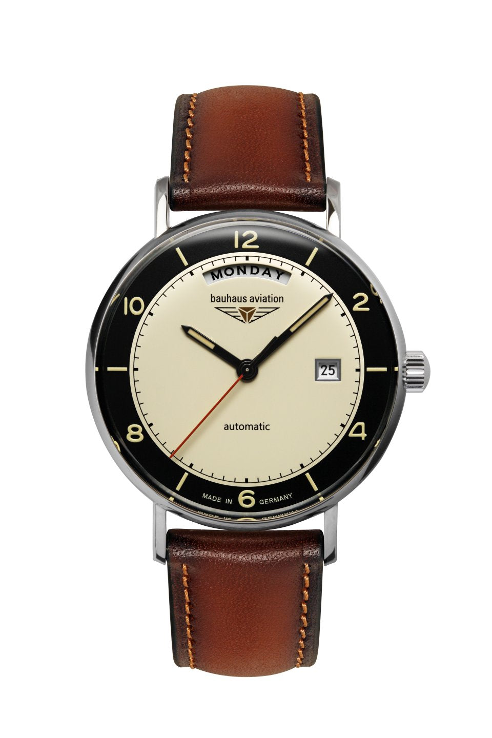Herrenarmbanduhr mit braunem Lederarmband, schwarzer Lünette und beigem Zifferblatt