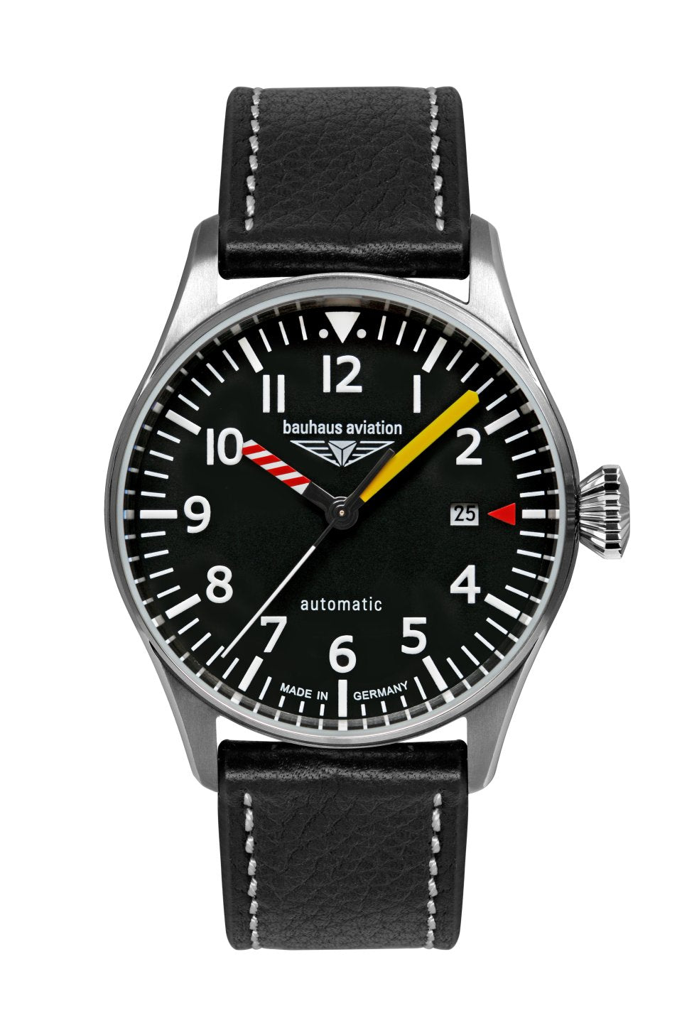 Bauhaus Aviation Herrenuhr mit schwarzem Zifferblatt, gelben Akzenten und schwarzem Lederband