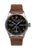 Herrenuhr mit schwarzem Zifferblatt, orangefarbenen Akzenten und braunem Lederarmband