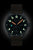 Herrenuhr mit schwarzem Zifferblatt und orangefarbenem Zeiger, dunkles Armband