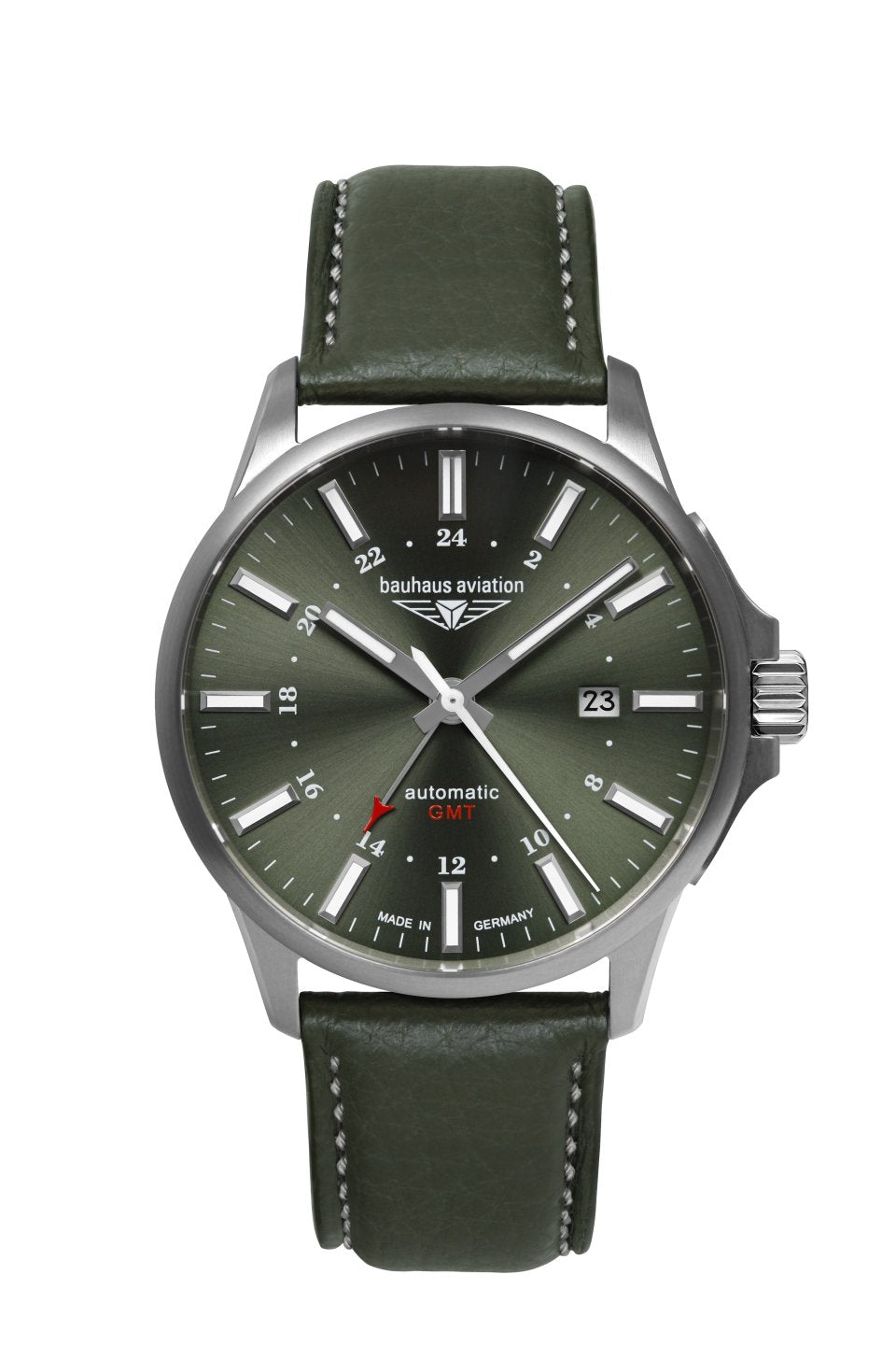 Herrenuhr mit dunkelgrünem Zifferblatt, Lederarmband und automatischem GMT, Saphirglas