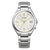 Armbanduhr mit elfenbeigfarbenem Zifferblatt, goldenen Zeigern und Edelstahlband