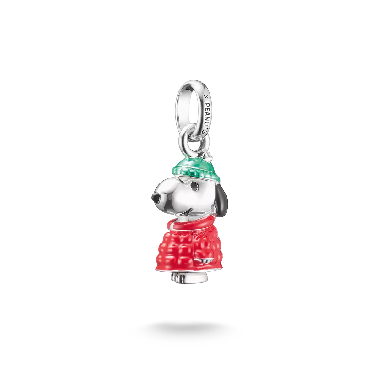 Snoopy vinterjacka berlock i sterlingsilver med röd rock och grön krage, emalj