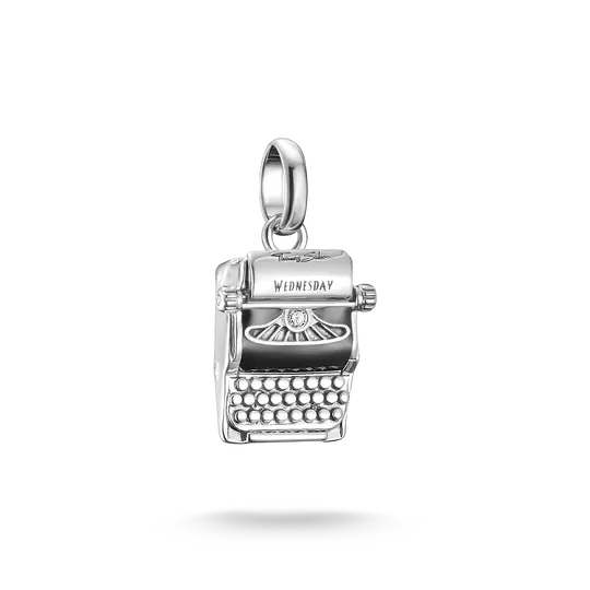 Thomas Sabo silver charm pendant with typewriter and zirconia, 'WEDNESDAY'.