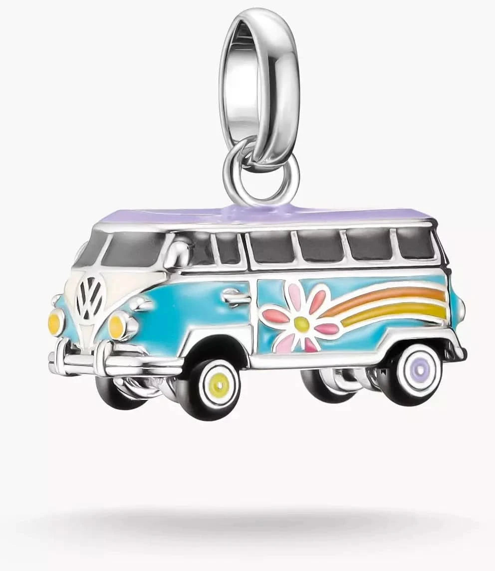 "Silver charm pendant as a hippie bus with a loop"