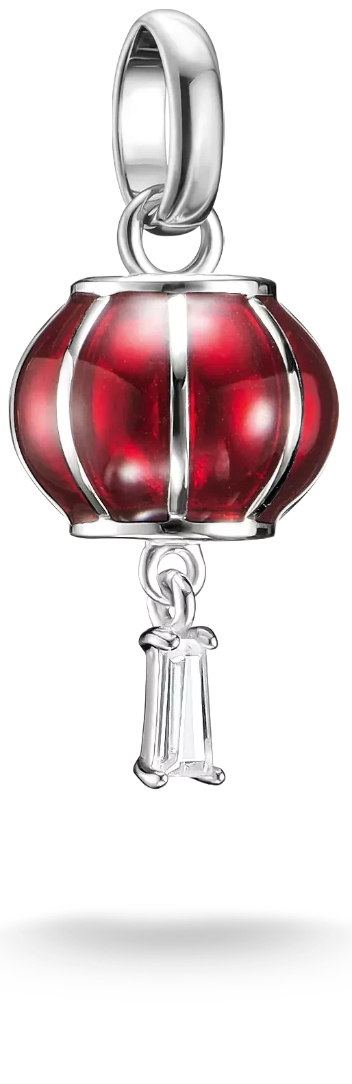 "Silver charm pendant with red lantern and eyelet at the top"