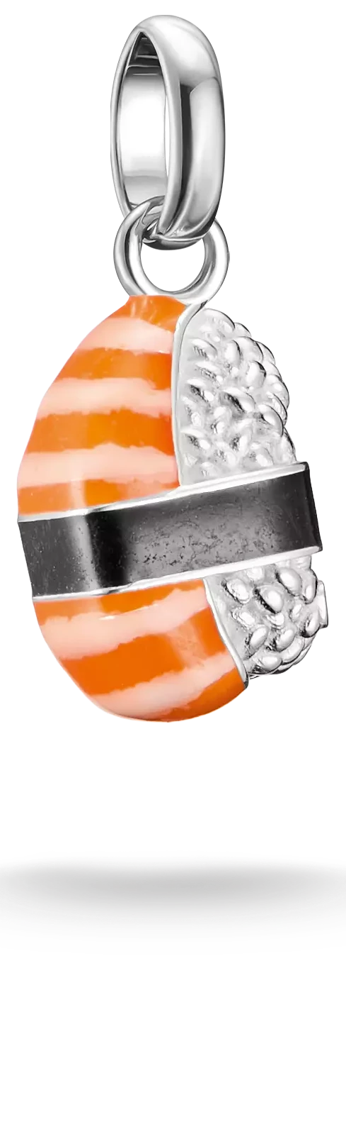 Berlock i silver med sushi-motiv i orange och vitt, med rund ögla