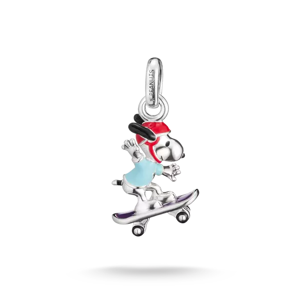 925 Sterling silver hänge med Snoopy på skateboard, emaljerad i rött/blått