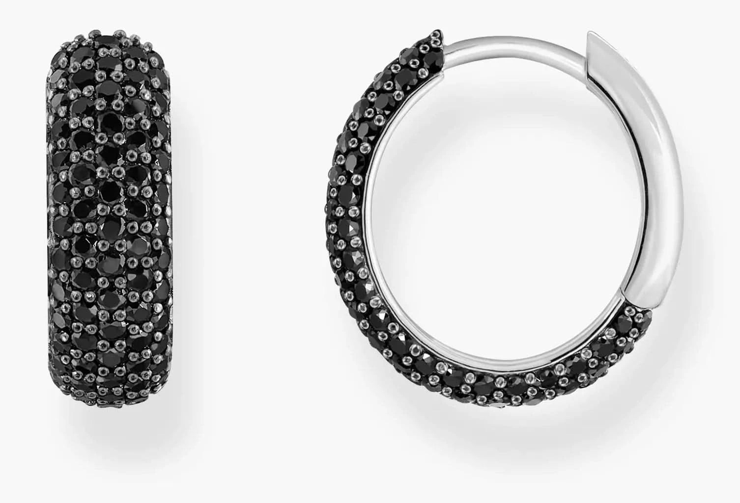 Svarta silver-creoler med pavé av svarta zirkoner, rund ring