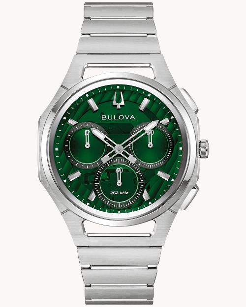 Bulova Herrenarmbanduhr mit grünem Zifferblatt, Chronograph-Optik und Metallarmband