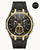 Herrenarmbanduhr: schwarzes Zifferblatt, Gold-Chronograph, schwarzes Armband mit Akzenten