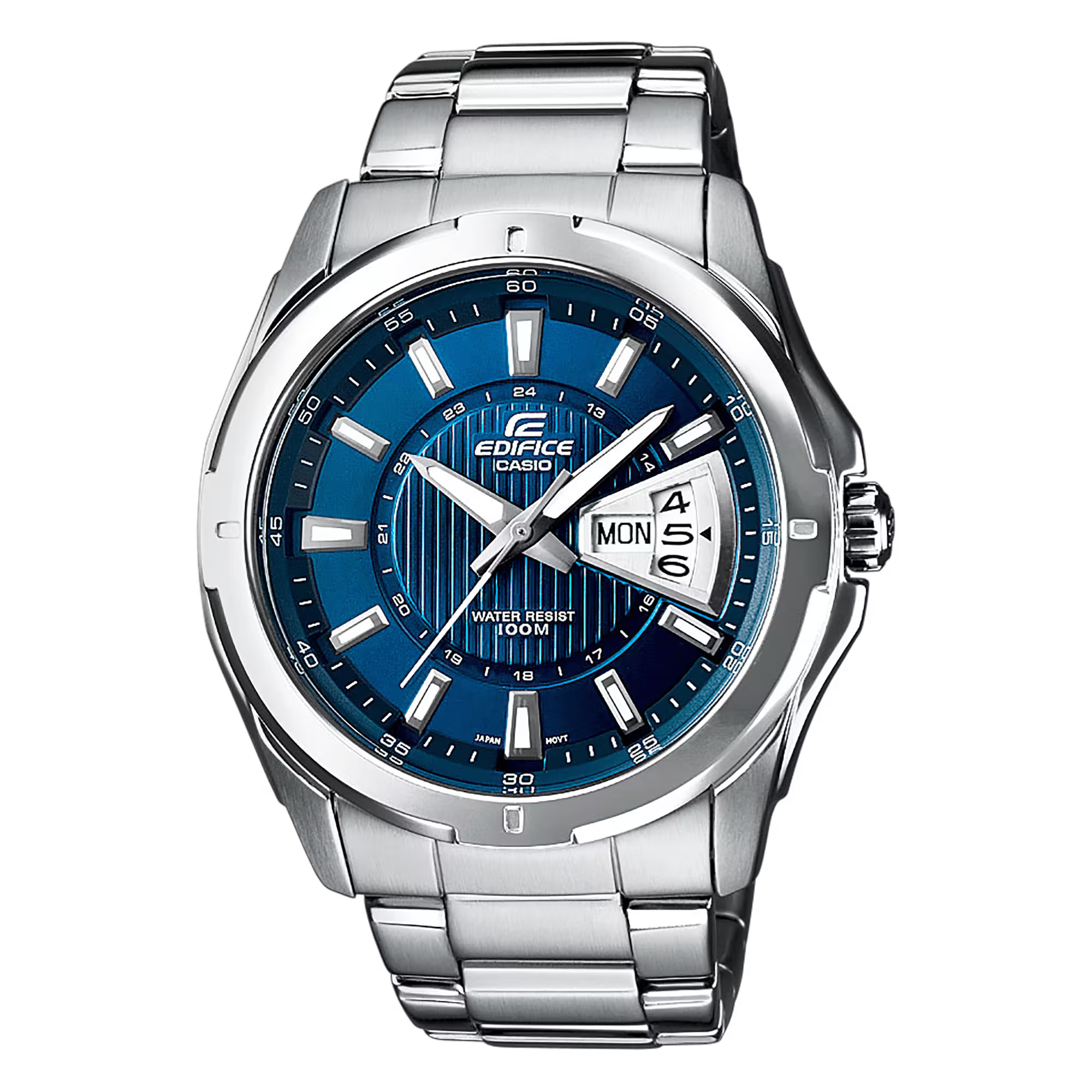 Casio Edifice herrklocka med blå urtavla, silverfärgat rostfritt stålarmband och datumfönster