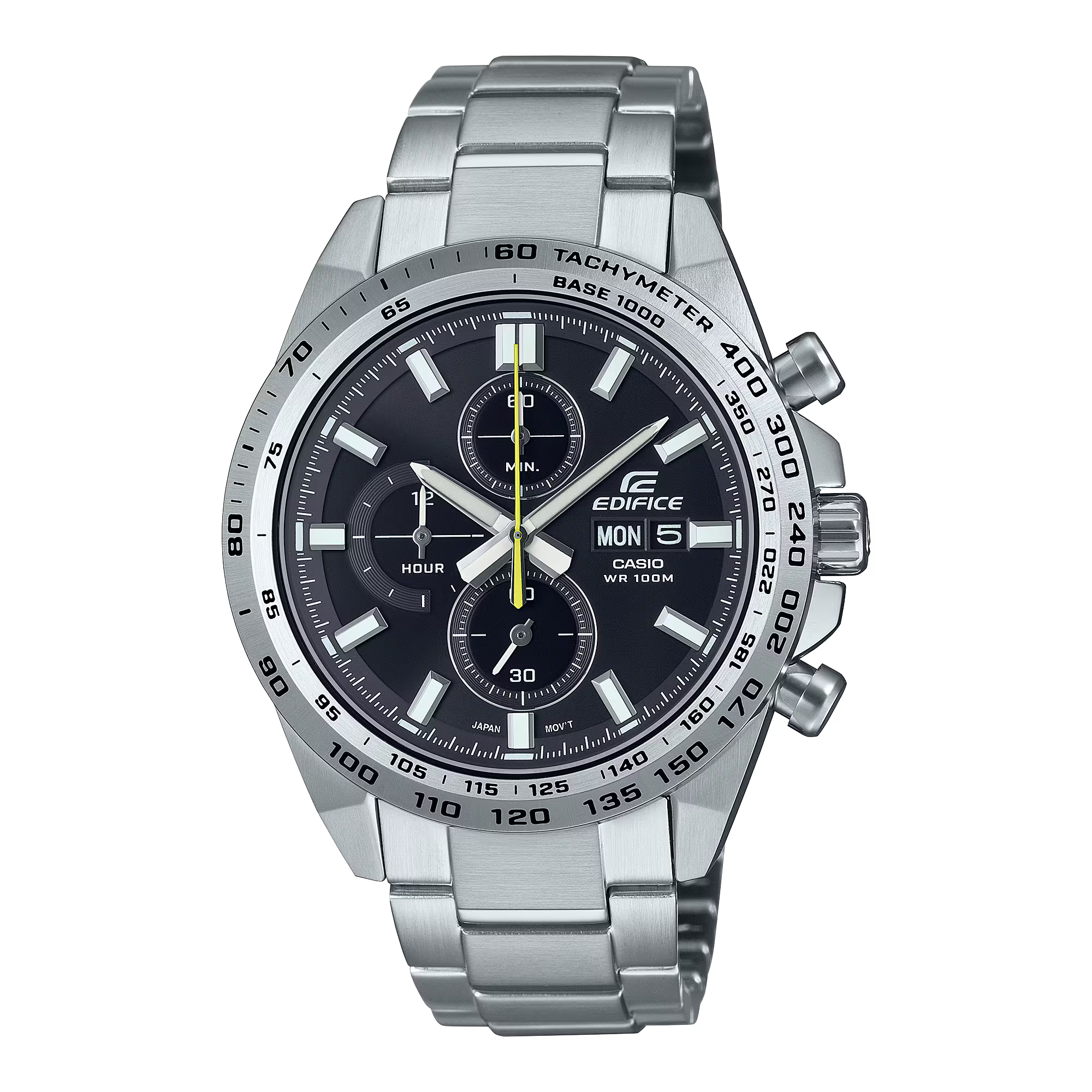 Casio Edifice kronograf för herrar med svart urtavla, stålarmband och 100 m vattentäthet