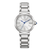 Damenuhr von Citizen Eco-Drive mit silbernem Zifferblatt und blauen Zeigern, Edelstahl.