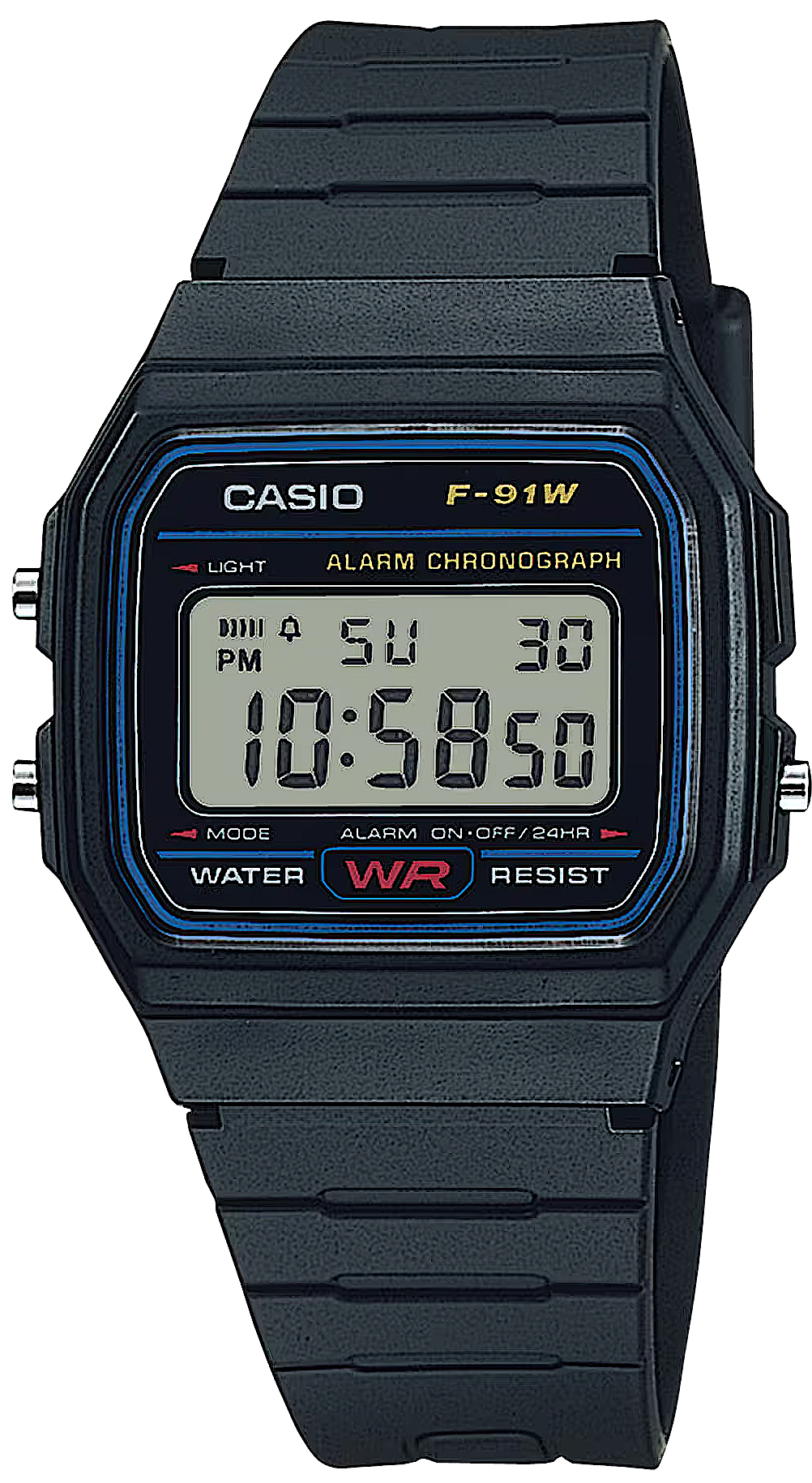 Digital Casio-klocka med mörkblått silikonband och blåinfattad urtavla med siffror