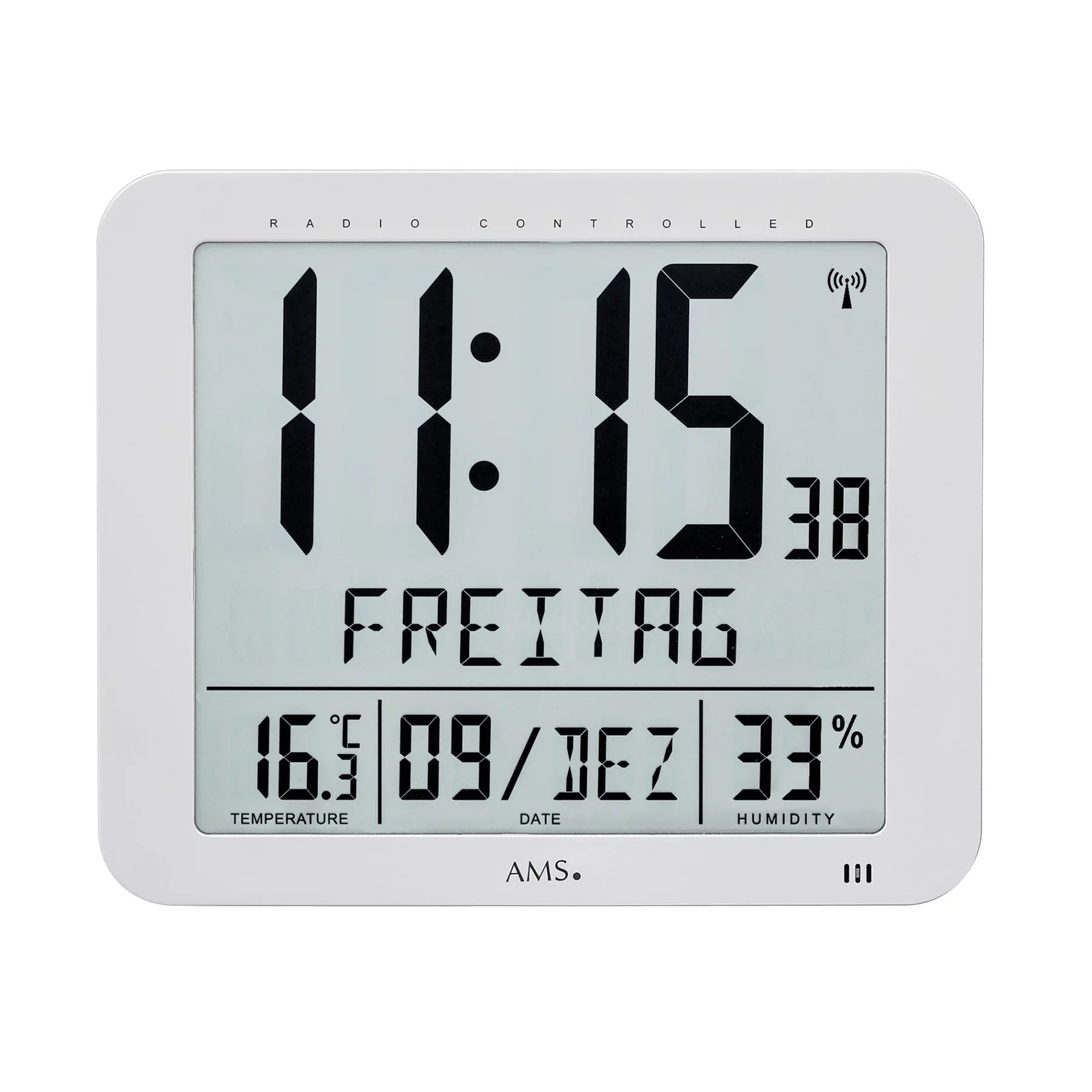 Funk-väggklocka med LCD-display, visar tid, temperatur, luftfuktighet och datum