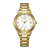 Guldpläterad damklocka med vit urtavla, metallarmband och datumfönster vid kl. 7