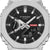 Casio G-Shock Herrenuhr Nahansicht: schwarzes Zifferblatt, silberne strukturierte Lünette, Band schwarz