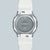 G-Shock Gehäuserückseite mit Gravur und weißem Armband, silbernes Metallgehäuse