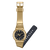 Goldfarbene Armbanduhr mit schwarzem Zifferblatt und dunklem Ersatzarmband.
