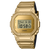 Casio G-Shock Armbanduhr vorneansicht: goldfarbener Edelstahlrahmen mit digitaler Anzeige