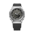 Armbanduhr mit schwarzem Harzband, grauem Zifferblatt, silberner Lünette und Digital 6:30