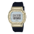 Casio G-Shock Uhr in Vorderansicht, gelbgoldfarbener Rahmen und schwarzes Band mit Display