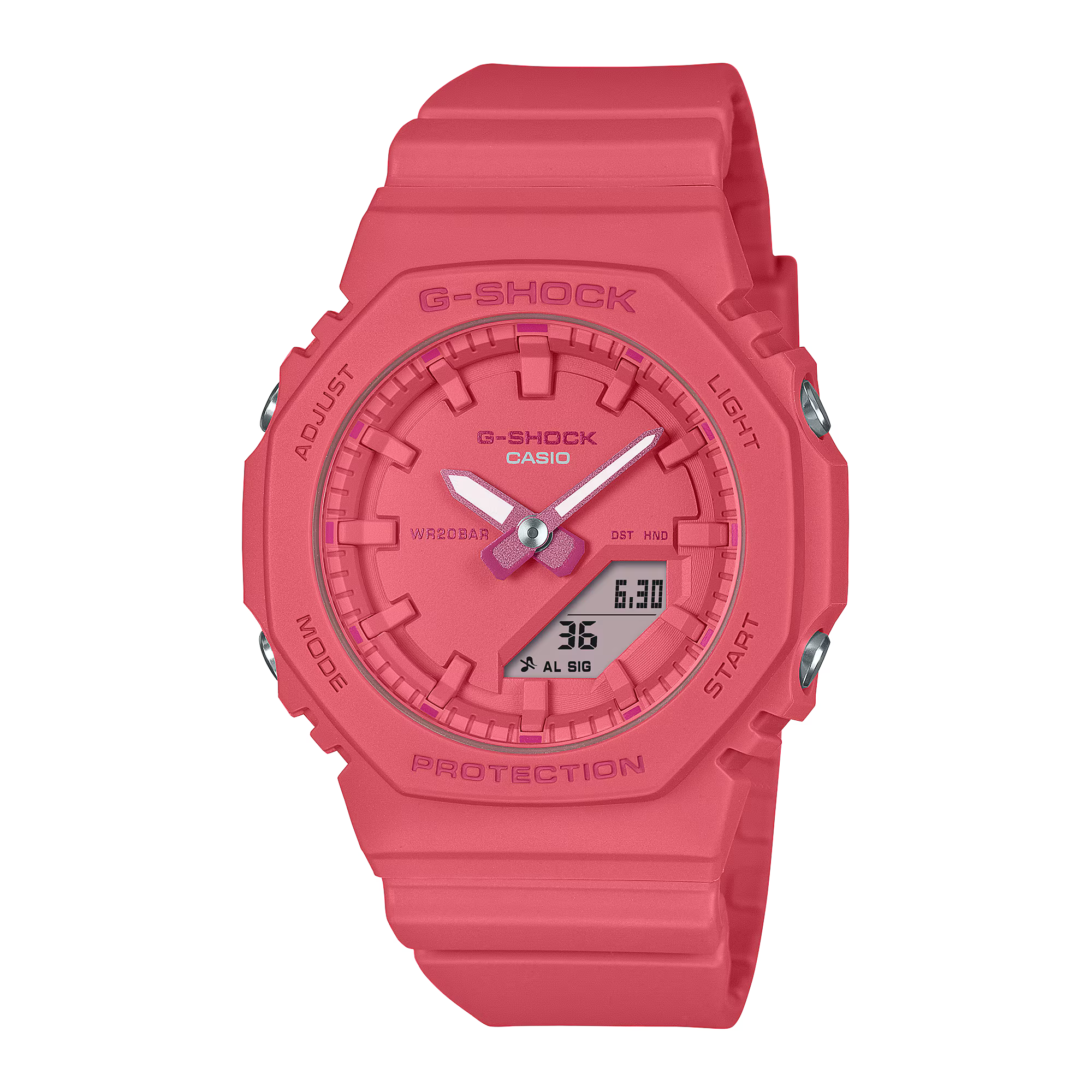 Casio G-Shock damklocka med rosa silikonarmband och rund digital/analog urtavla