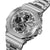 Silberfarbene Herrenarmbanduhr mit G-SHOCK Zifferblatt und Metallarmband, seitliche Ansicht