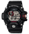 Herrenarmbanduhr frontal: schwarzes Gehäuse, digitales Display und rote Akzente rechts am Drücker