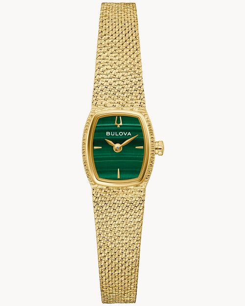 Damenuhr mit goldfarbener Mesh-Armbanduhr, grünem Zifferblatt und goldfarbenem Gehäuse (Quarz)