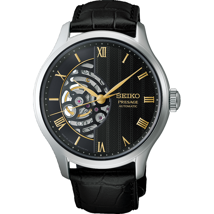Seiko PRESAGE Herrenuhr mit schwarzem Zifferblatt, römischen Ziffern, Lederarmband