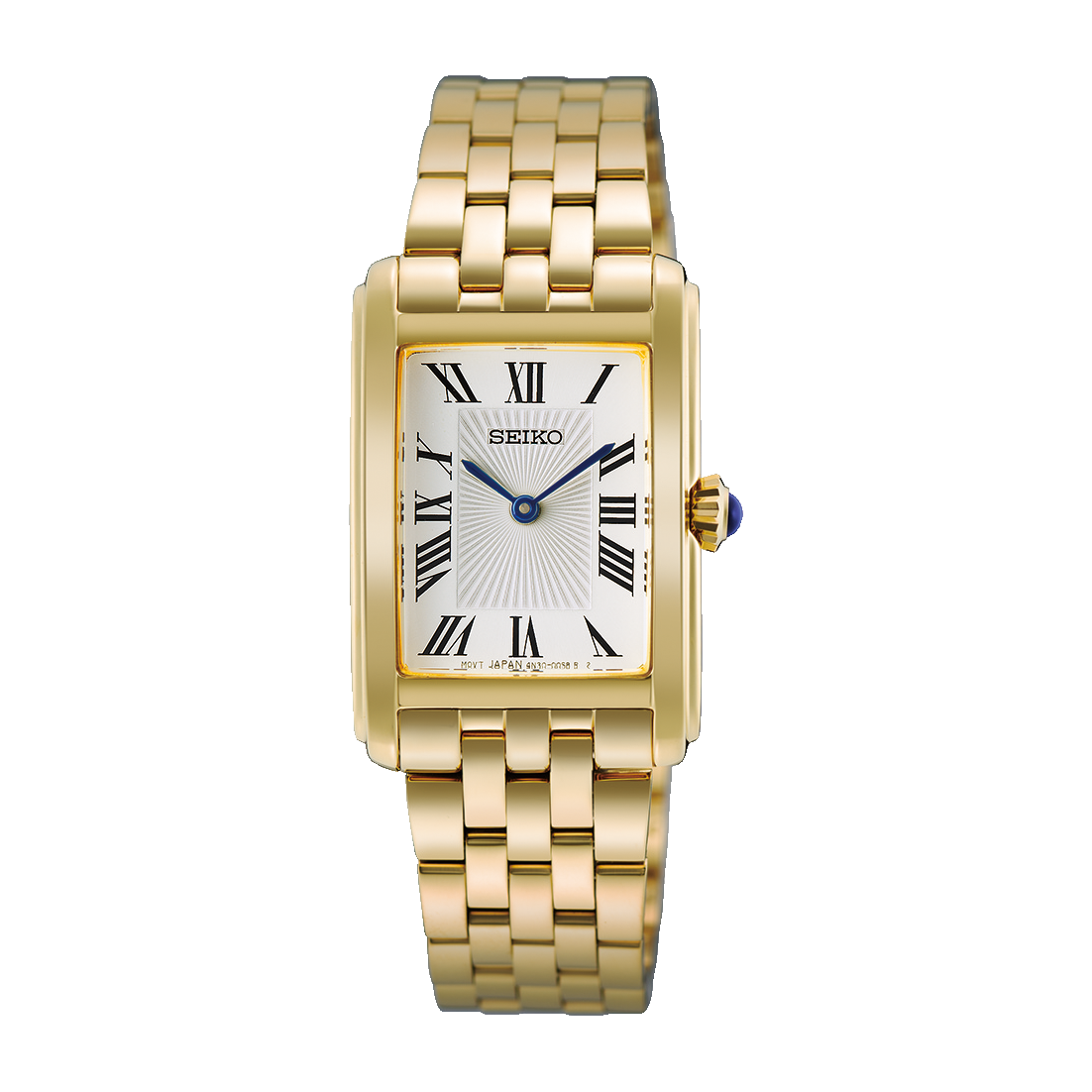 Seiko Damenarmbanduhr goldfarben mit rechteckigem Analogzifferblatt und Metallarmband
