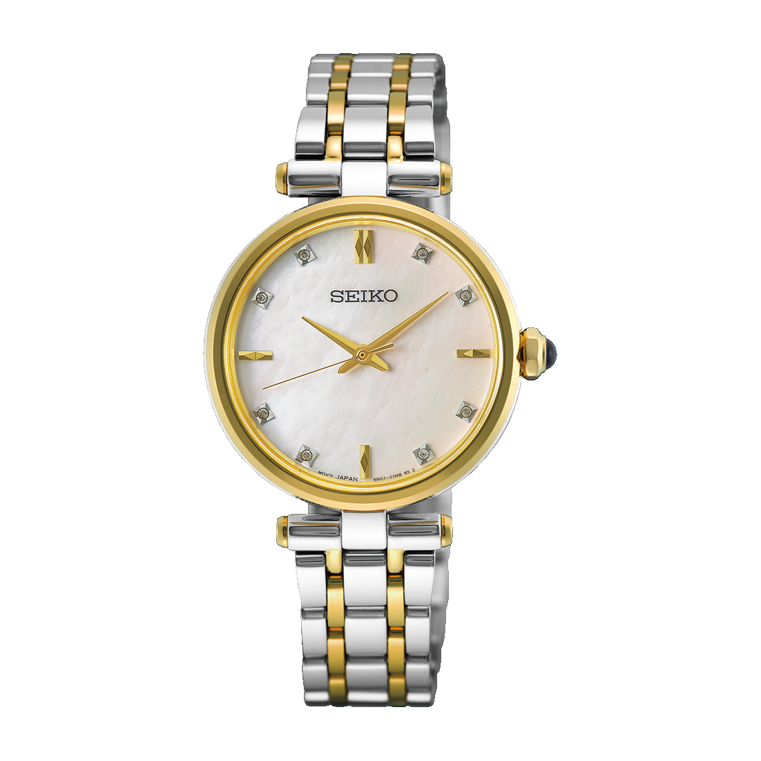 Zweifarbige Damenarmbanduhr mit goldfarbener Lünette, Perlmuttzifferblatt und Diamantindizes