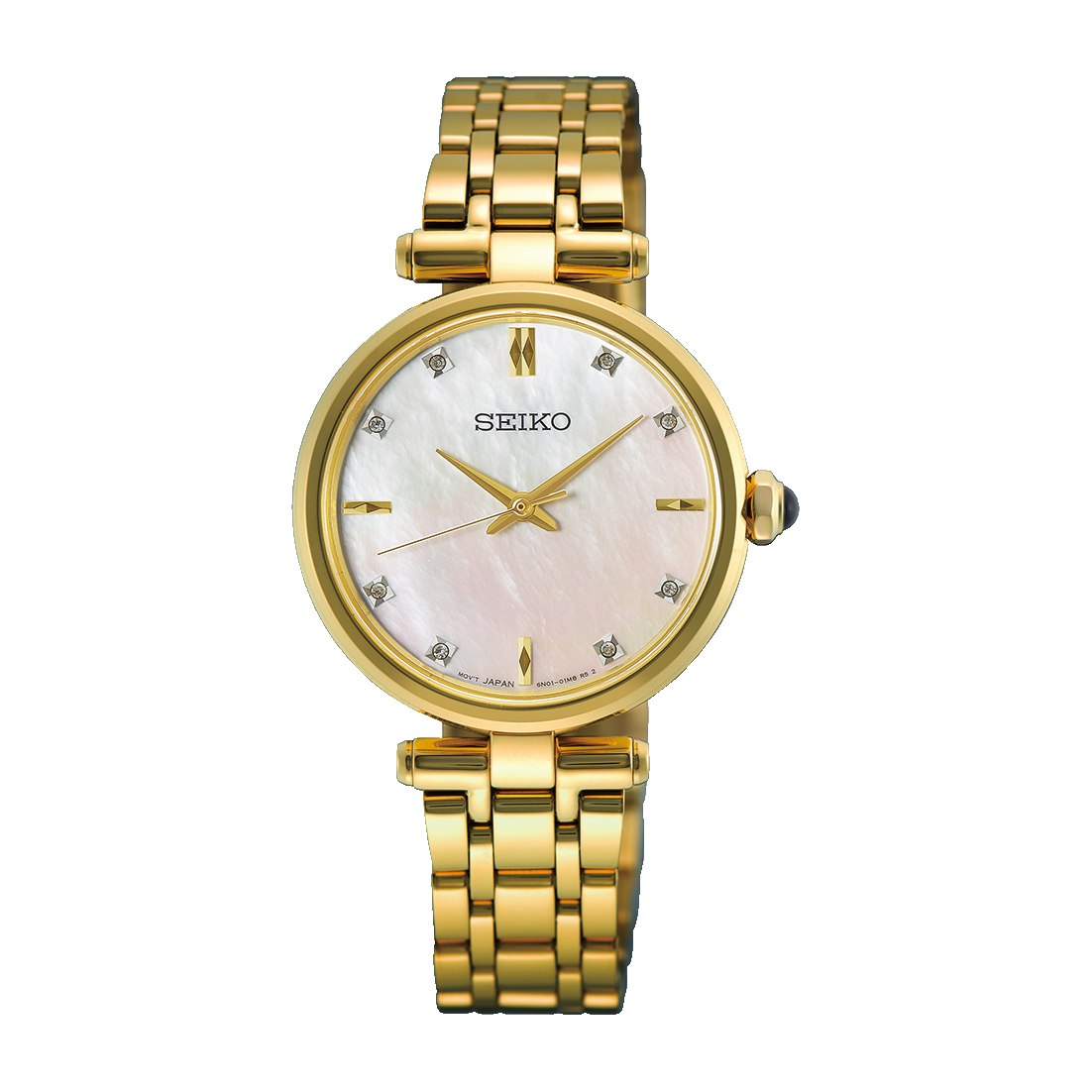 Damenuhr mit goldfarbenem Metallarmband, rundem Perlmutt-Zifferblatt und Diamantindizes