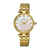 Damenuhr mit goldfarbenem Metallarmband, rundem Perlmutt-Zifferblatt und Diamantindizes