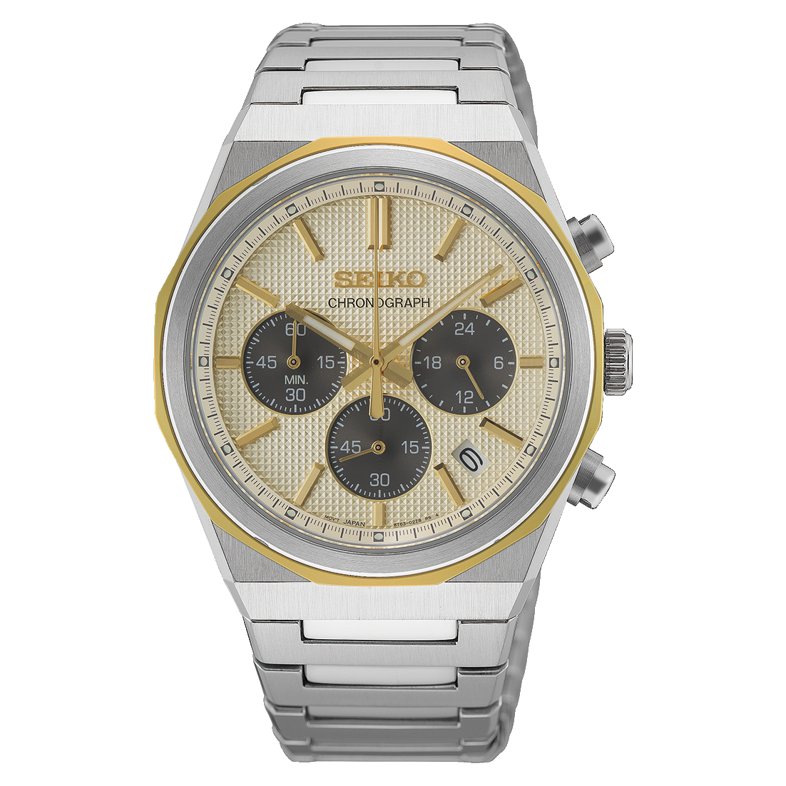 Seiko Herren-Armbanduhr zweifarbig mit Chronograph, silberfarbenem Metallband, rundem Ziffernblatt