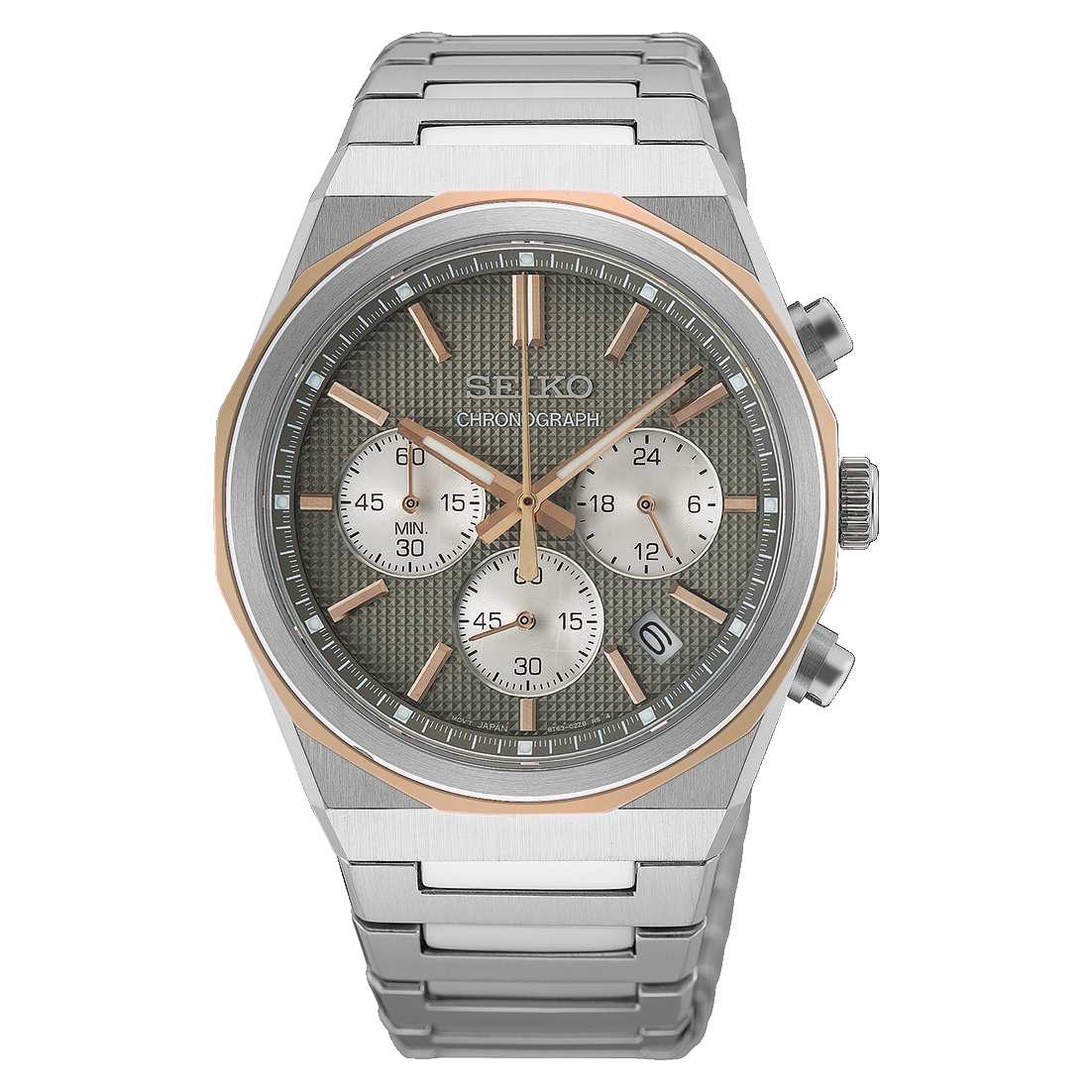 Herren-Chronographenarmbanduhr: silbernes Edelstahlband, zweifarbiges Zifferblatt, 3 Hilfszifferblätter